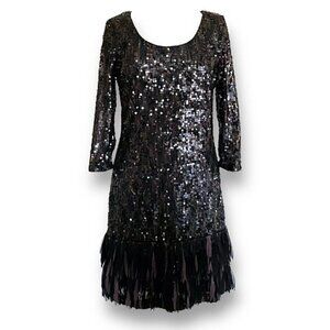 Sugarplum Womens Cocktail Dress Sz M 10 Black Sequined Feather Fringe Hem LBD